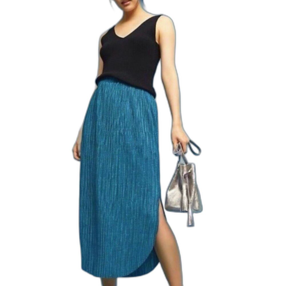 Sabina Musayev Anthropologie Odelle Teal Crinkle Plisse Midi Skirt Pocket Boho L